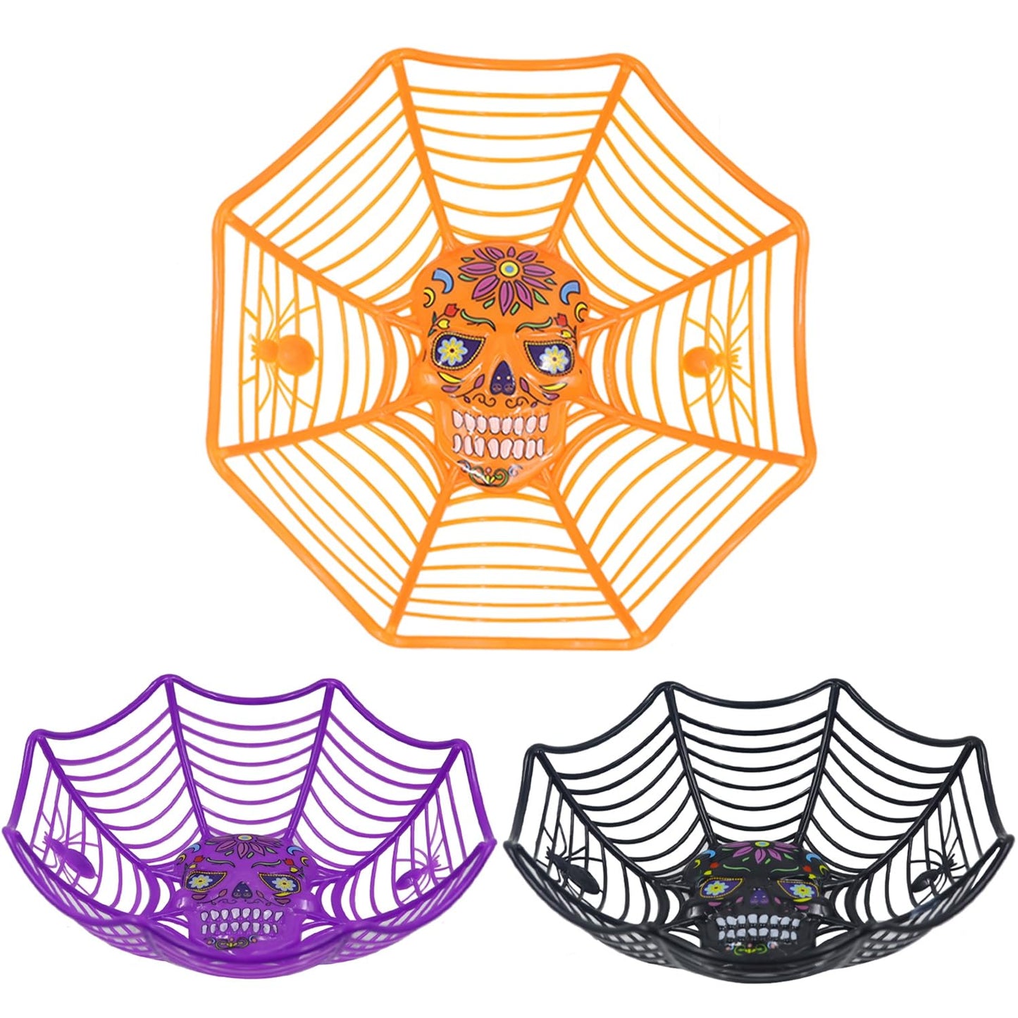 Triumpeek Halloween Party Supplies - Set of 3 Plastic Trick or Treat Bowls with Spider Web Design for Day of The Dead in Orange, Purple and Black