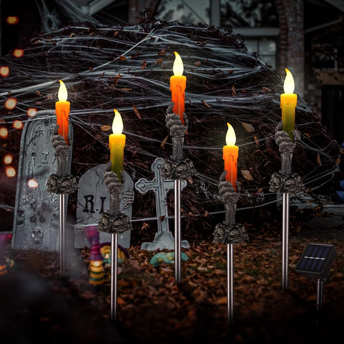 ILLUMINEW Halloween Pathway Lights, 5 Pack Candle Skull Hand Candle Holder, Waterproof Solar Halloween Led Lights, Indoor and Outdoor Party Home Garden Porch Decoration