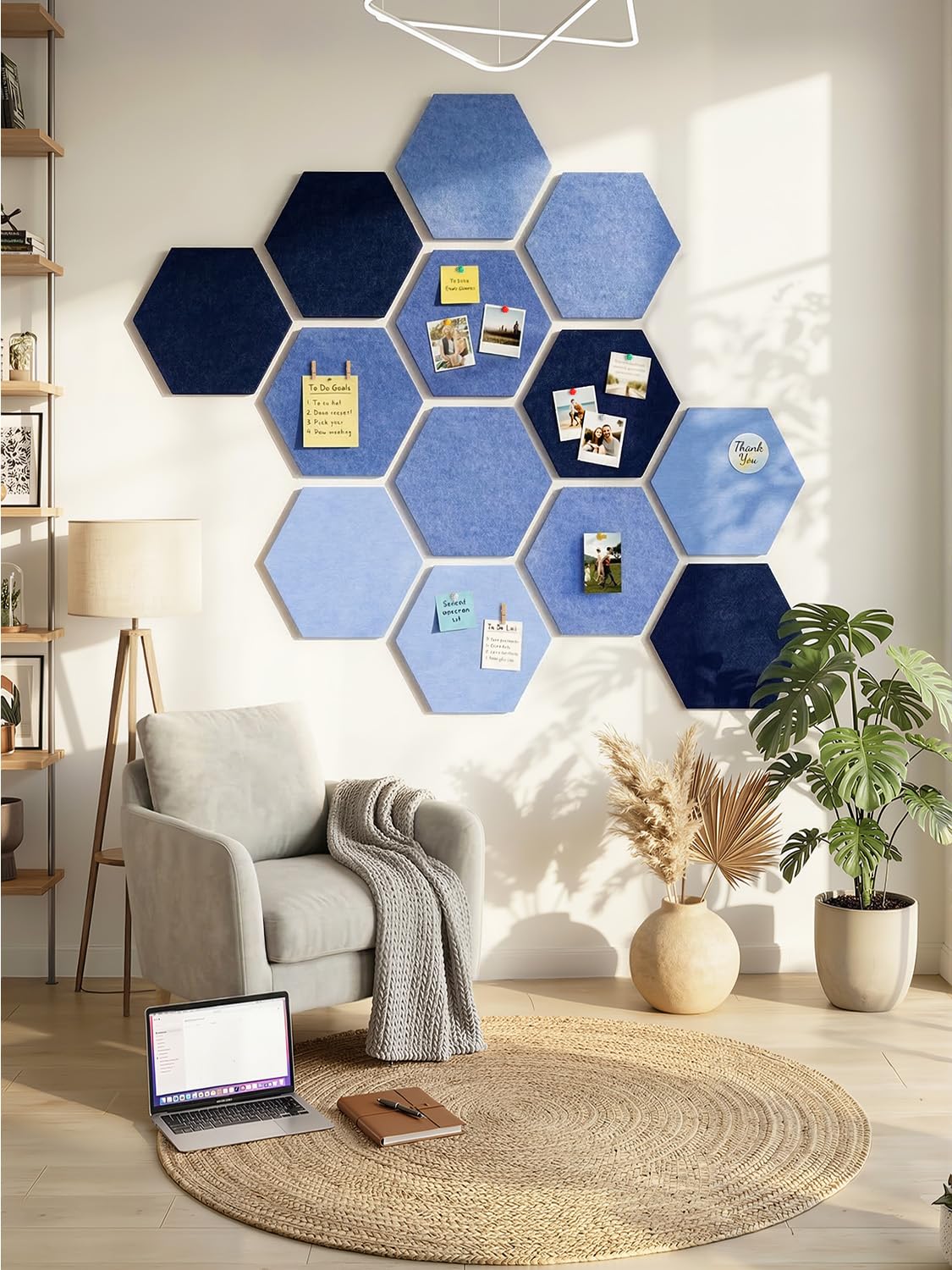 Uoisaiko 8 Pack Hexagon Felt Bulletin Board Tiles - 12" Large Thick Pin Board for Walls with 30 Push Pins, DIY Boards for Office Home School Decor, Aesthetic Hex Cork Board Alternative