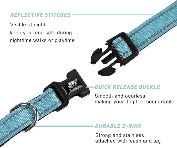 FURRYFECTION Reflective Dog Collar and Leash Set With Quick Release Buckle, Padded Neoprene Adjustable Nylon for Small Medium and Large Dogs (Medium Collar+5FT Leash, Blue)