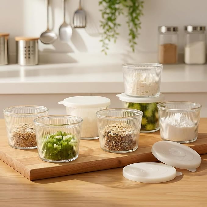 4 Sets Small Glass Bowls with Lids 6.8oz Ribbed Clear Glass Containers Stackable Dessert Custard Pudding Cups Condiment Bowls for Sauces Dips Nuts Oats Candy Dessert Cereal