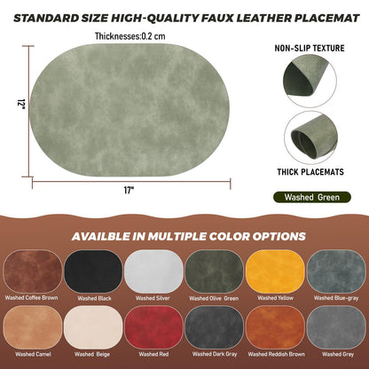 UnivoColors Placemats Oval Faux Leather Placemats,Heat Resistant Placemats Set of 4 Washable 12x17 Inch,Waterproof Table Mats,Wipeable Pu Place Mats for Kitchen,Dining Room.Green