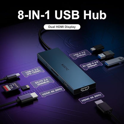 KOZYC USB C Docking Station Dual Monitor, 8-in-1 USBC Hub with 2 HDMI Ports, USB-C 3.0, 2xUSB-A 3.0, SD/TF, 100W PD, Compatible with HP, Dell