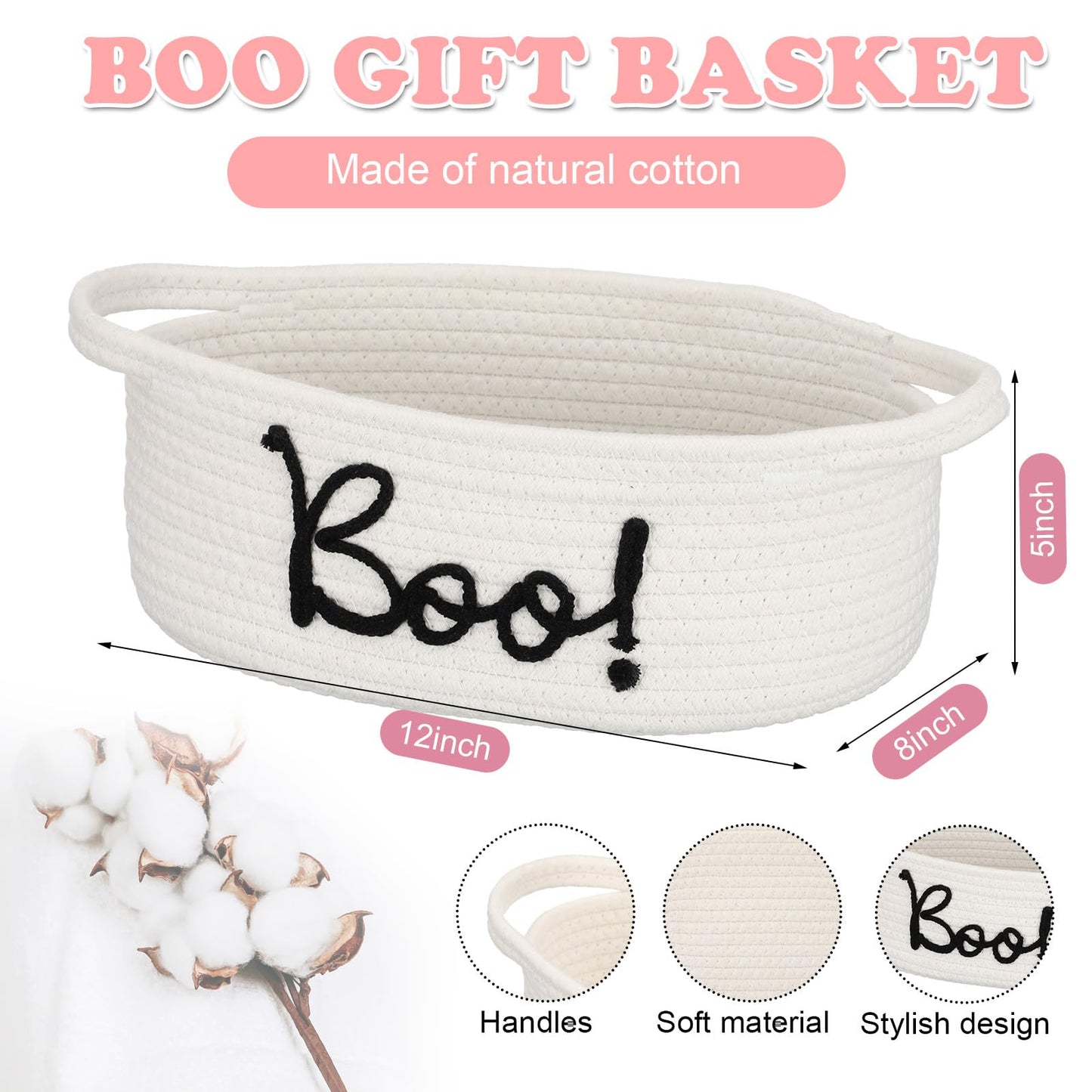 Reallnaive Halloween Boo Woven Basket Cute Storage Spooky Basket with Handle Boo Woven Trick or Treat Gift Organizer for Halloween Party Favors and Decorations Women Men(White,12 x 8 Inch)
