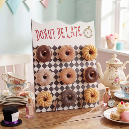 Suclain 16 x 12 Inches Wonderland Party Decoration Donut Wall Display Stand 9 Holes Wooden Donut Bagel Display Holder Board Wonderland Tea Black and White Checkered Stands for Birthday Tea Parties