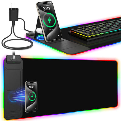 RGB Mouse Pad with Foldable Phone Stand Wireless Charger, 31.5"x11.8" XL Gaming Mousepad Large Desk Mat, Desk Pad with 11 Colors 5 Modes, Waterproof (Black with PD Adapter)