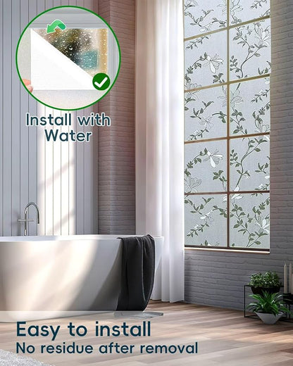 Frosted Glass Window Film with Elegant Flower Design, Bathroom Window Privacy Film for Glass Windows Cover, Static Cling, Removable, Reusable, Anti-UV, Anti-Glare, 17.5 Inch * 78.74 Inch