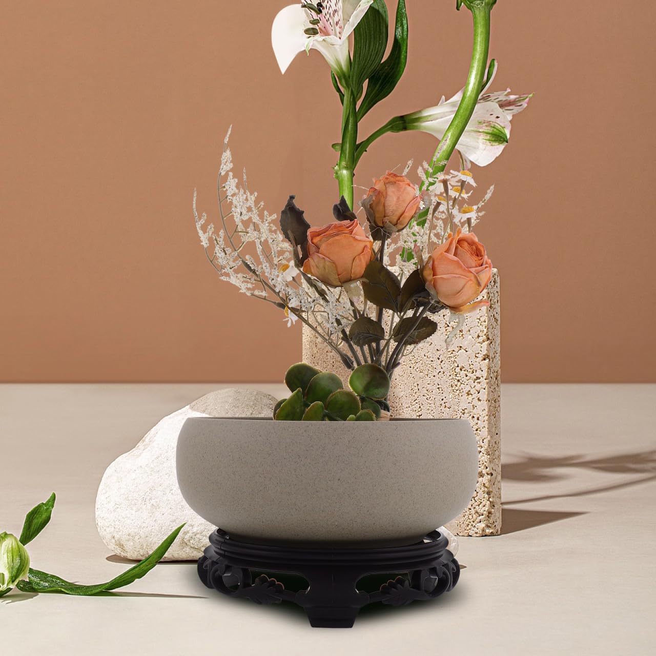 Ceramic Bowl, Hydroponic Planter Water Lily Bowl with Stand Ceramic Lotus Planter for Lotus Flowers Decorative Garden Flower Pot Container