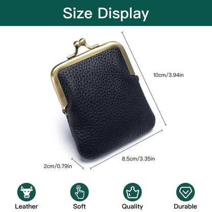 Genuine Leather Kiss Lock Coin Purse, Mini Wallet with Metal Clasp Frame, Small Change Holder，gift for women men (White)