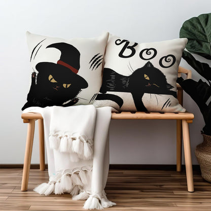 Cryfox Witch Cat Halloween Pillow Covers 18x18 Inch Set of 2 Black Boo Throw Pillows Cover Cute Holiday Pillow Cushion Case for Home Sofa Decorations