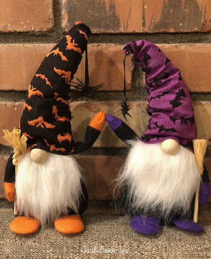 Halloween Gnome 2-Pack – Handmade Orange & Purple Figures with Wooden Broom – 10 Inch Tall Funny Halloween Decoration for Home by Cool Bean Inc