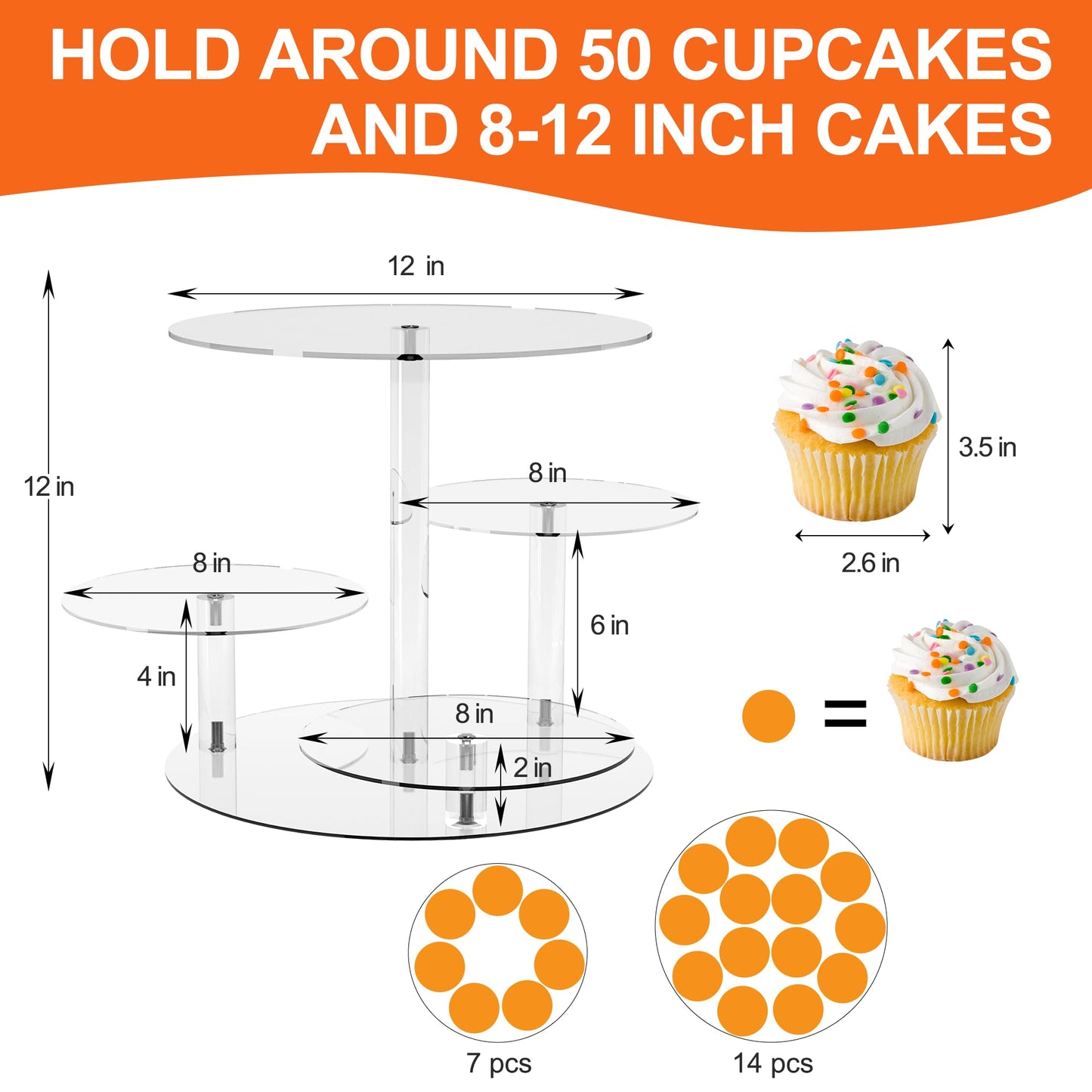 YestBuy Cupcake Stand, Round Cake Stand, 4 Tier Cupcakes and Cakes Comb for 8-12 Inch Cakes, Tiered Cupcake Tree Tower, Clear Dessert Display Stand for Dessert Table Wedding Birthday Party