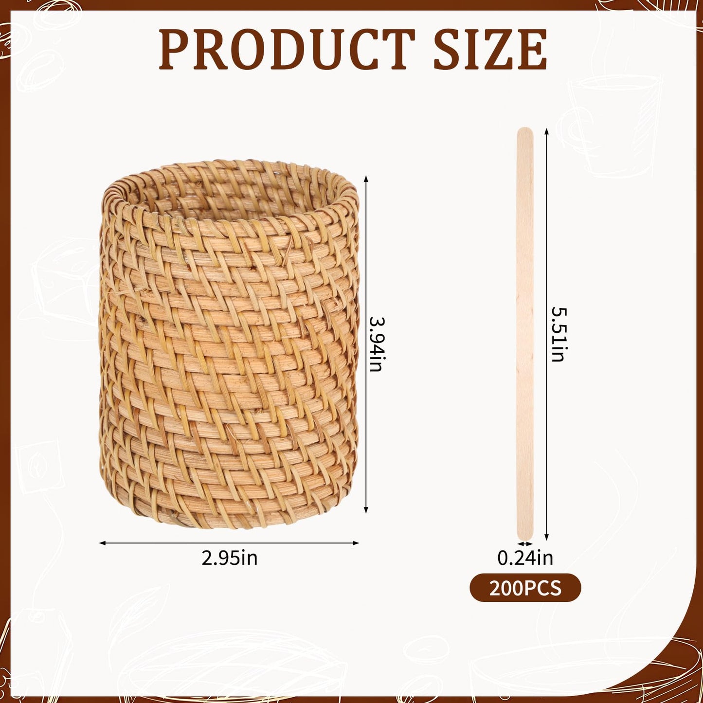 200-Count Coffee Stirrers Holder, 5-Inch Rattan Cocktail Stirrers, Wood Stir Sticks for Hot or Cold Beverages, Coffee Bar, Home Kitchen, Party Supplies & Halloween Decor
