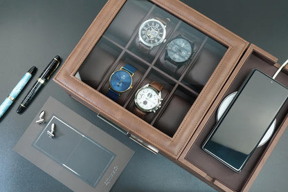 Lifomenz Co Men's Jewelry Box Organizer with Charging Station & Drawer - Premium Valet Tray for Watch, Phone, Wallet Storage - Brown