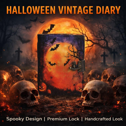 cuero Leather Halloween Journal with Pumpkin & Bat Print, Vintage Handmade Diary with Antique Metal Lock, Thick Handmade Paper, Gothic Notebook for Writing, Sketching & Gift (6.5 x 5)