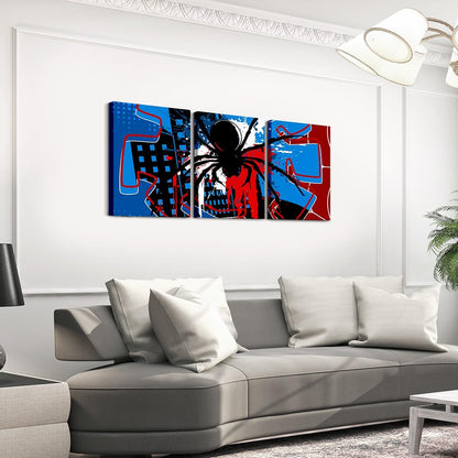 Spider Web Canvas Wall Artwork Decor,Spider Arachnid Insect Animal Wall Painting,Boys Girls Men Room Decor,Modern Block Halloween Poster Pictures,Red Blue Unique 3 Pieces Framed Canvas Wall Art
