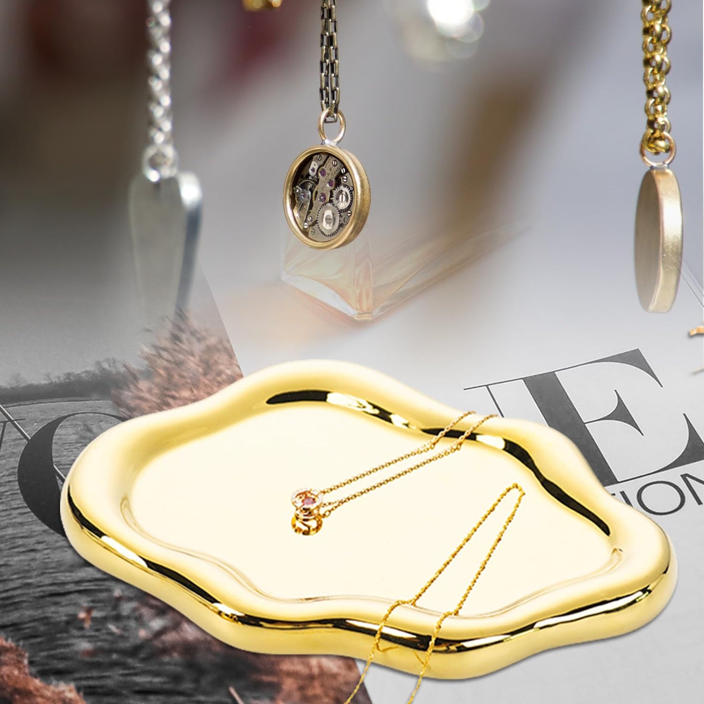 Ceramic Jewelry Dish for Women, Jewelry Tray Trinket Dish, Irregular Cloud Shape Ceramic Plate, Watch Keys Tray Ring Dish Holder for Mother's Day/Christmas/Thanksgiving/Birthday Gift(Gold)