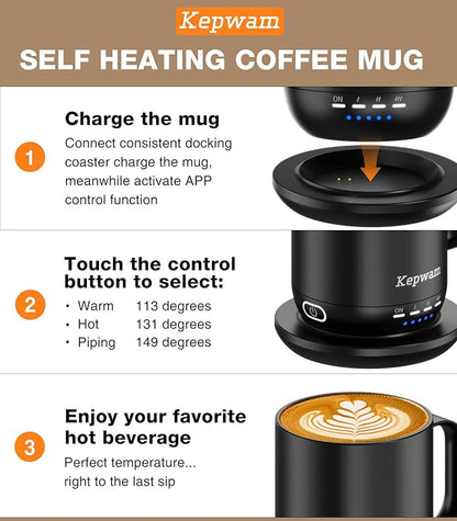 Kepwam Self Heating Coffee Mug T1-16oz Fast Heating & Ultra Long-Lasting Battery Life, Heated Coffee Mug Up to 149℉ - Touch & App Controlled Coffee Mug, Birthday Gifts for Women and Men