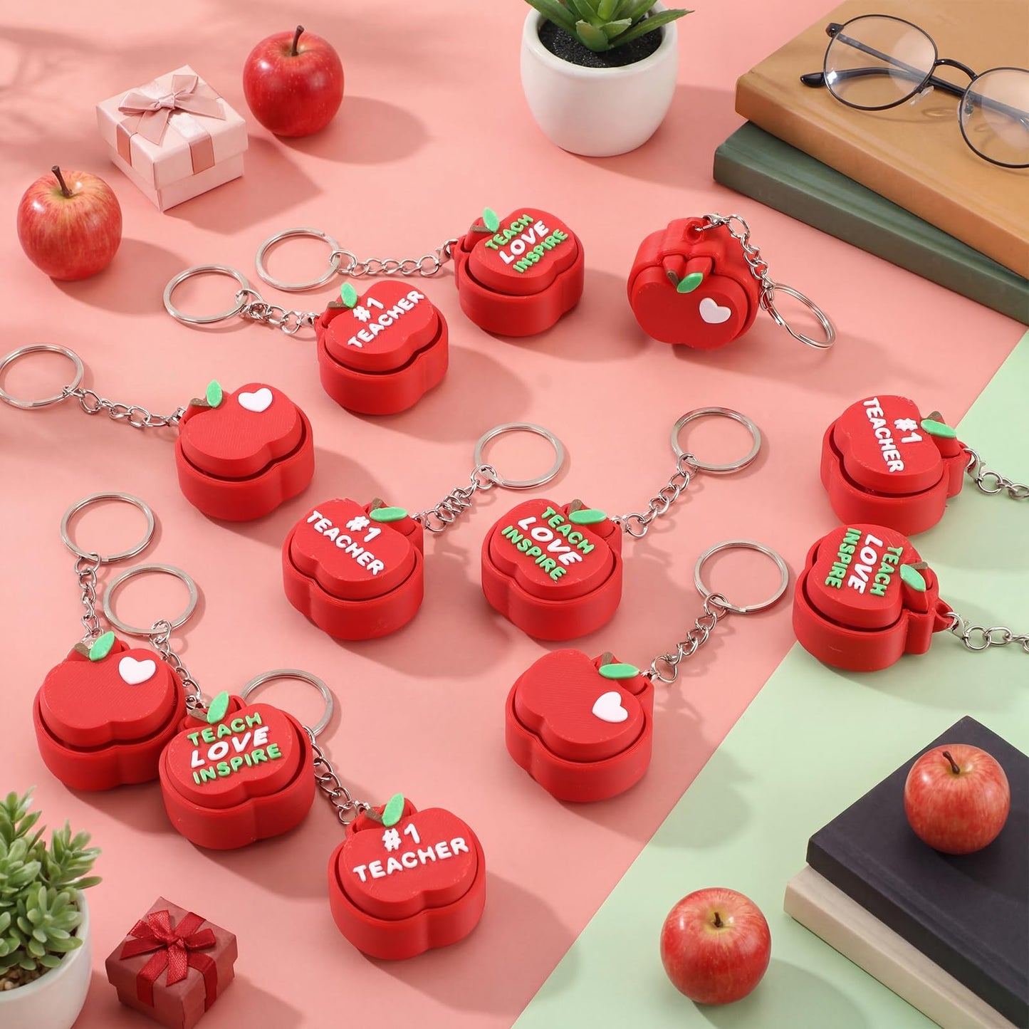 Kenning 12 Pcs Teacher Clicker Fidget Keychains Bulk 3D Printed Apple Sensory Fidget Toys Stress Relief Apple Keychains for Teacher Appreciation Gifts Back to School Favors End of Year Gifts