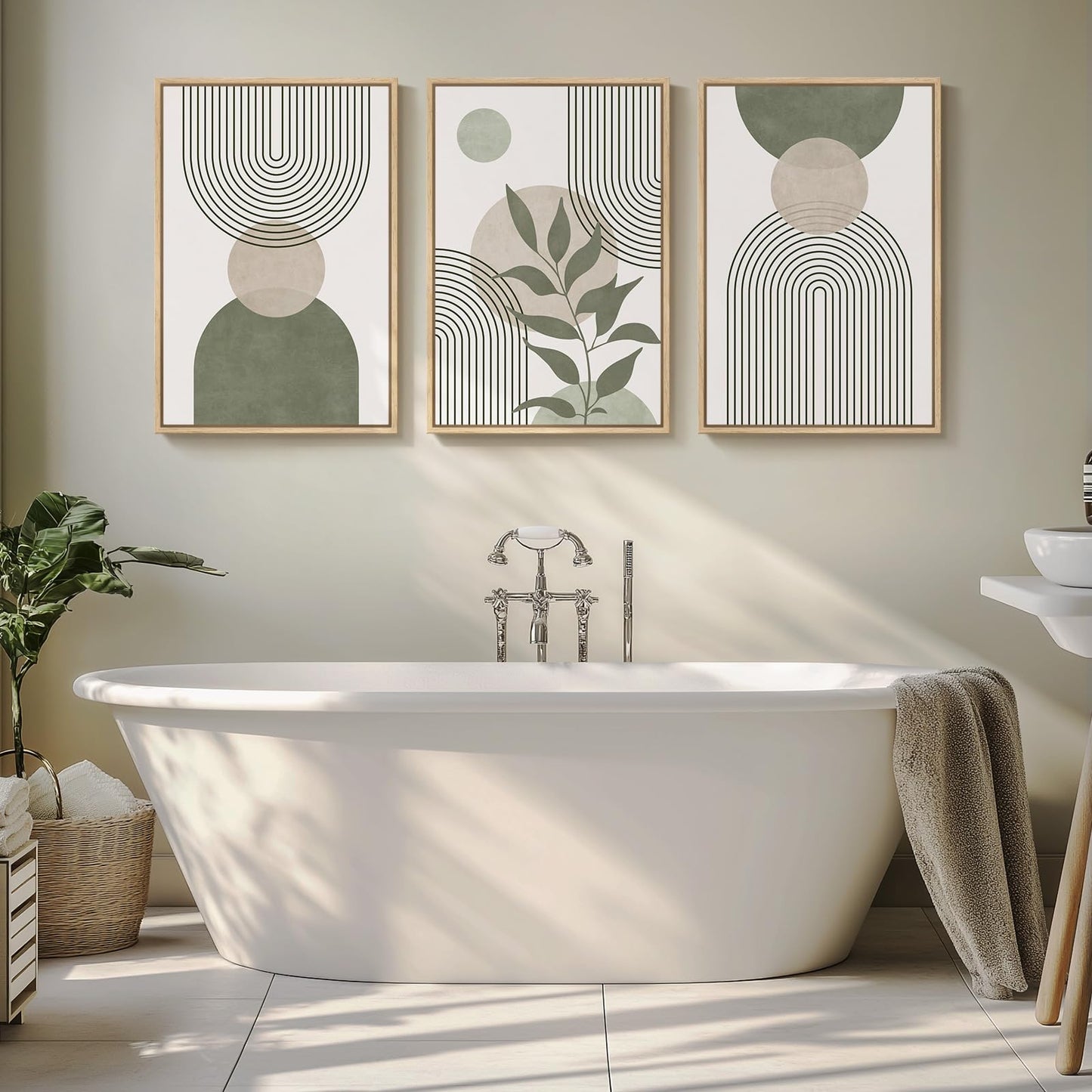 Framed Boho Sage Green Wall Art for Living Room, Large Mid Century Modern Tropical Leaf Canvas Artwork for Walls, 3 Piece Beige Orange Bohemian Wall Art Prints for Bedroom Kitchen Hallway, 16x24 Inch