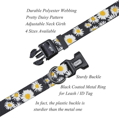 Dog Collar and Leash Set, Cute Daisy Pattern, Polyester Material, 5ft Leash, for Large Dogs.(Large,Black Daisy)