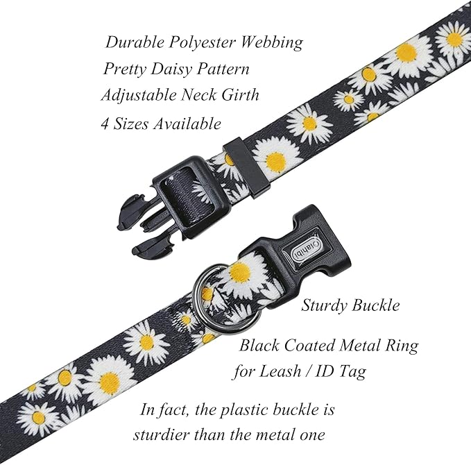 Dog Collar and Leash Set, Cute Daisy Pattern, Polyester Material, 5ft Leash, for Small Dogs.(Small,Black Daisy)