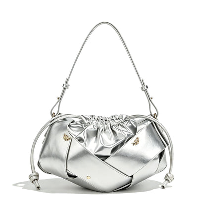 Ophlid Gold Drawstring Bag for Women Evening Bucket Purse Woven Pu Leather Hobo Handbag Cloud Clutch Purse Silver