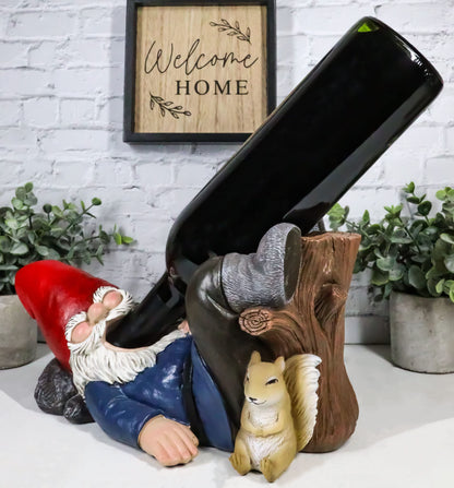 Ebros Gift Whimsical Festive Holiday Novelty Tipsy Drunk Mr Gnome Sleeping in Forest Near Squirrel Wine Bottle Holder Rack Caddy Stand Figurine As Kitchen Dining Bar Countertop Decorative Accent