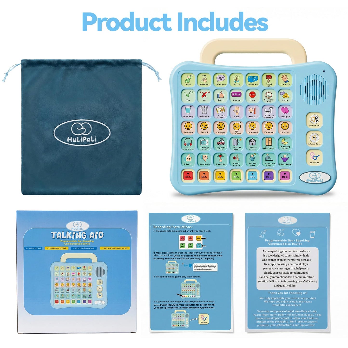 HuLiPaLi AAC Device for Autism Speech Therapy & Nonverbal Kids - 2-in-1 Portable Desktop Communication Tool with Boy/Girl Voices, 42 Preset Buttons, 7 Recordable Buttons & Adjustable Volume