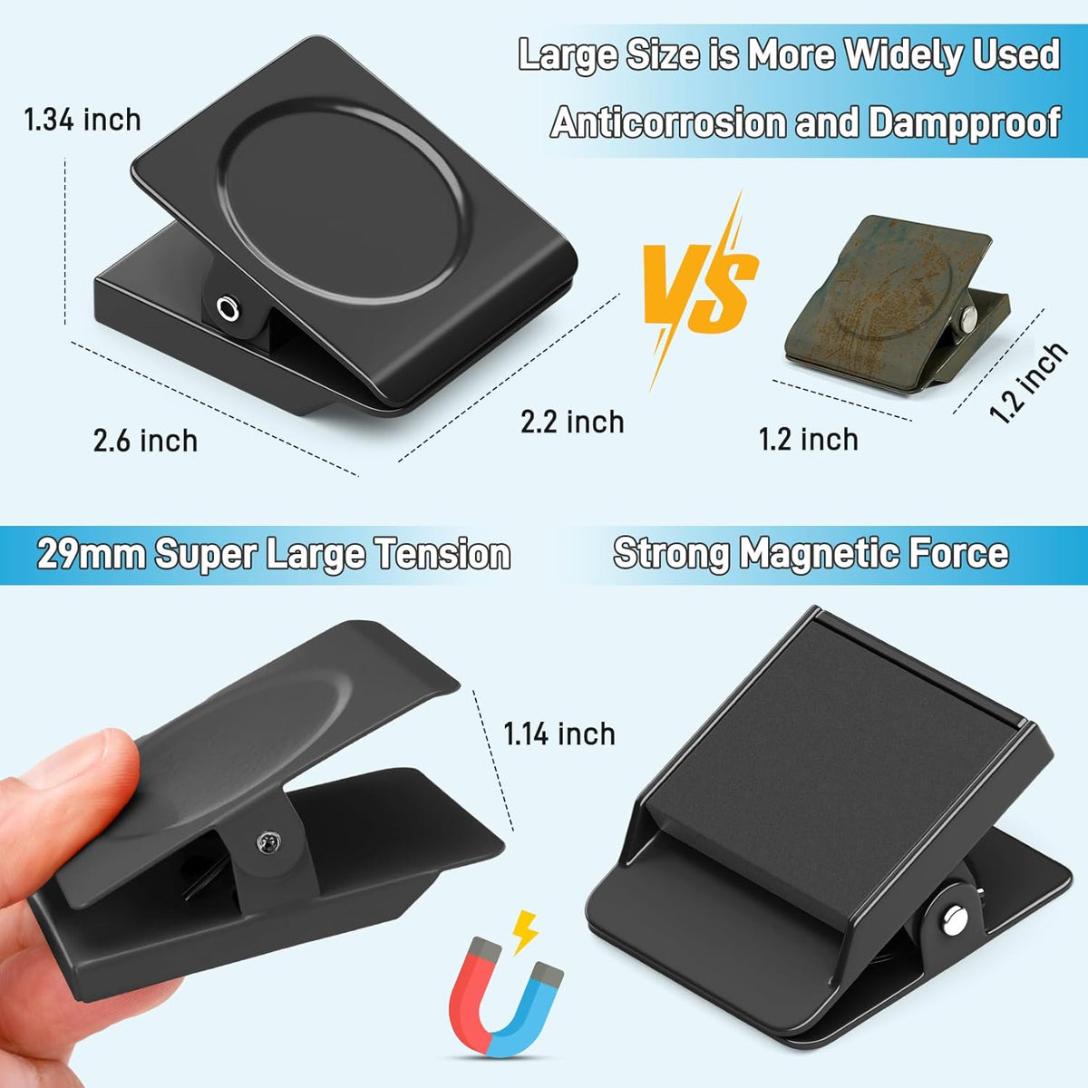 FINDMAG 2.2inch Extra Large Magnetic Clips, Magnet Clip Heavy Duty, Strong Magnet with Clips for Fridge, Whiteboard, Classroom, Kitchen, Home (Black, Pack of 8)