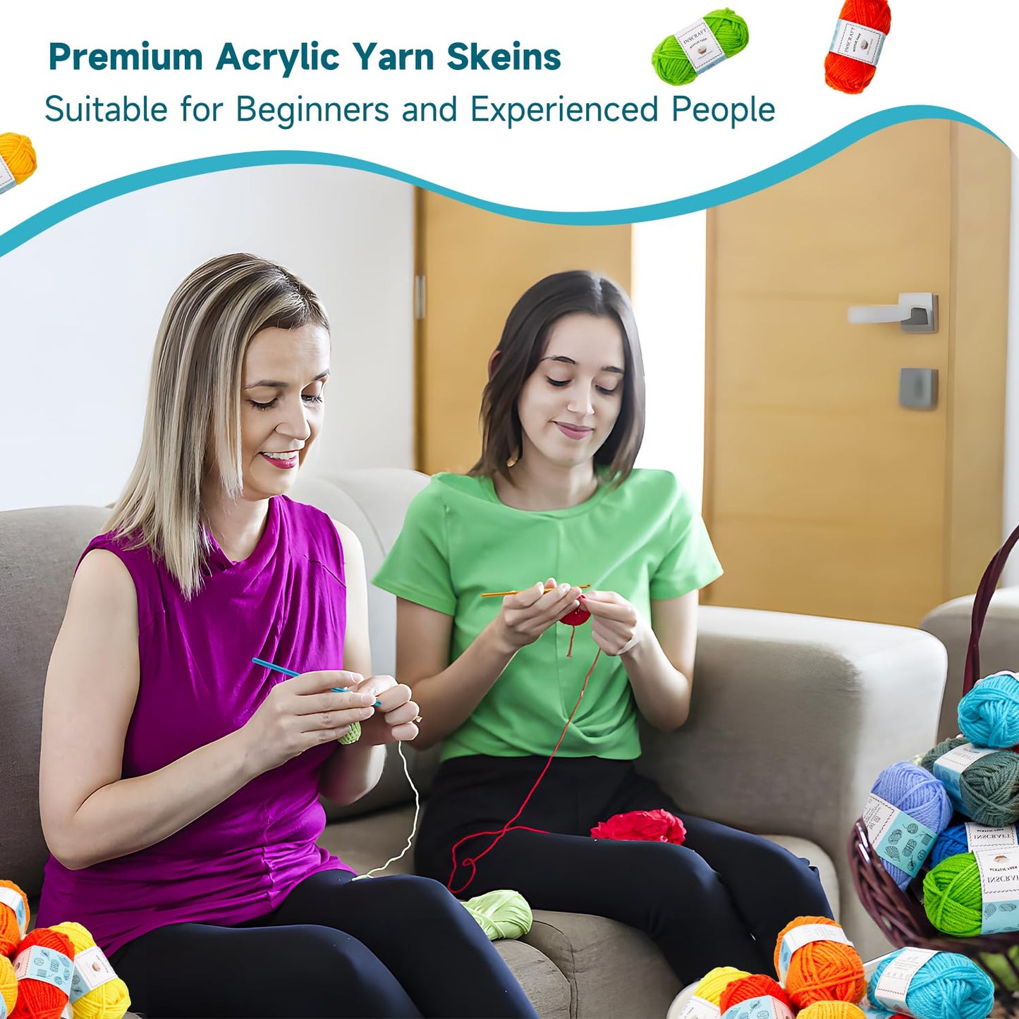 Inscraft 52 Acrylic Yarn Skeins, 1820 Yards 52 Colors, 2 Crochet Hooks, 2 Weaving Needles, 10 Stitch Markers, 1 Bag, for Crocheting & Knitting, Gift Beginners and Adults