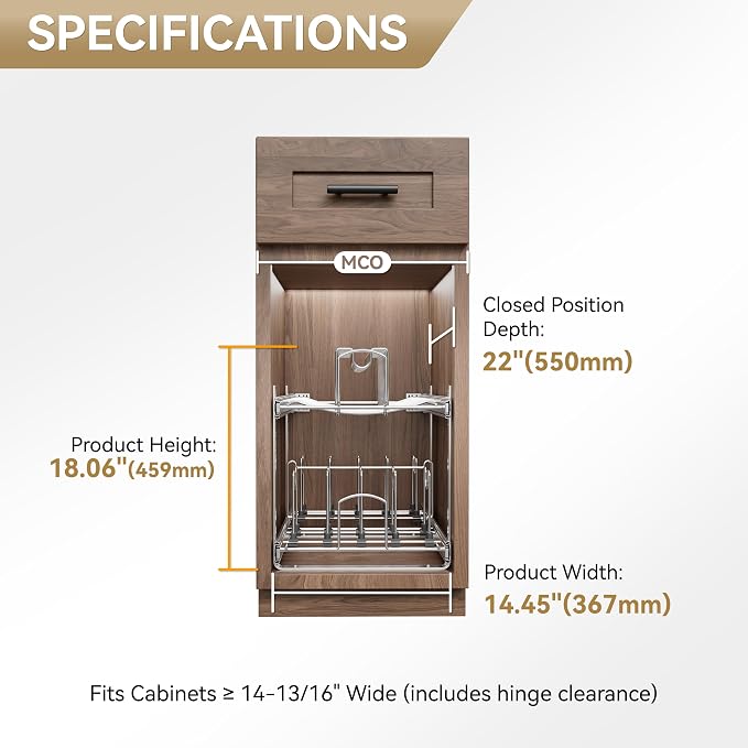 2-Tier Kitchen Pull out Cabinet Organizer for Pots, Pans, and Lid Cookware, Adjustable Heavy Duty Wire Pan and Pot Rack, Full-Extension Rail 15" W *22" D