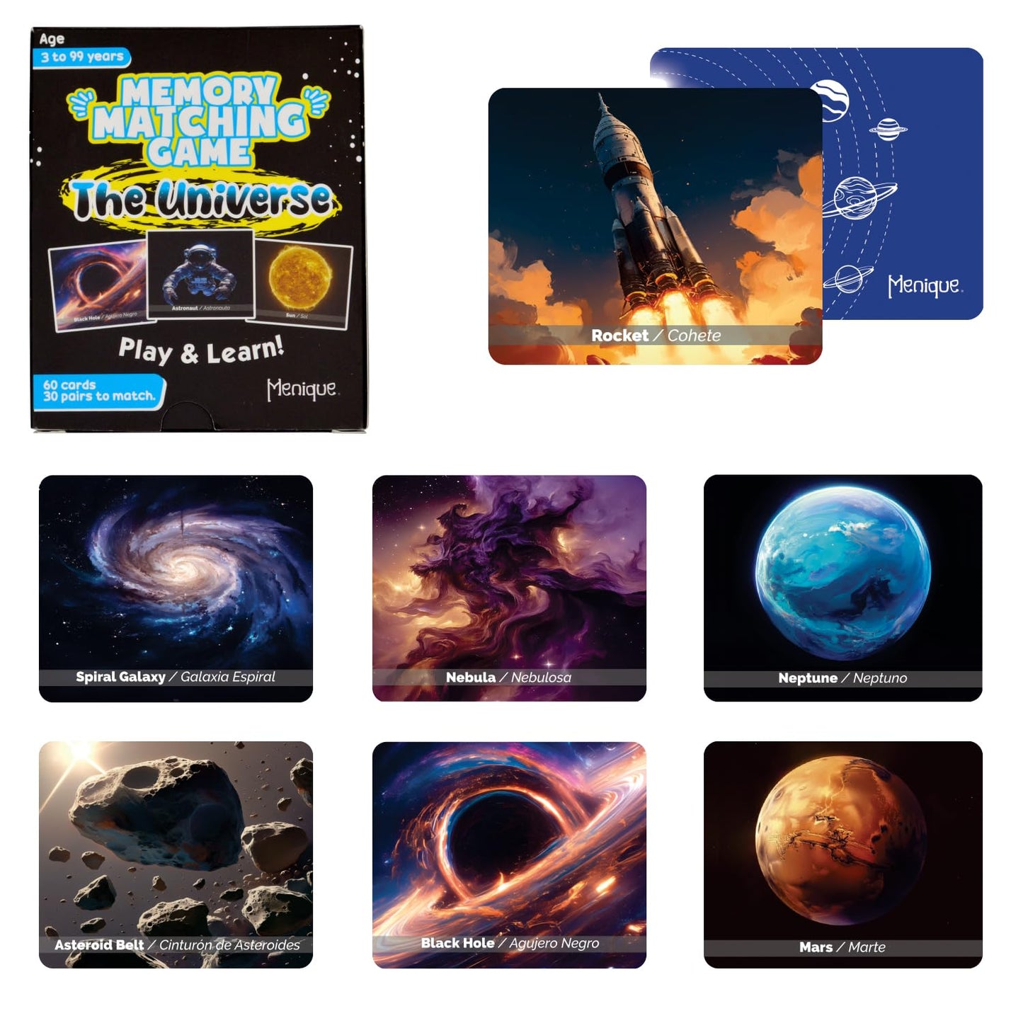 Menique Universe Memory Matching Game – 60 Cards (30 Pairs) – Bilingual Space Game with Planets, Stars & More – Educational for Kids and Adults