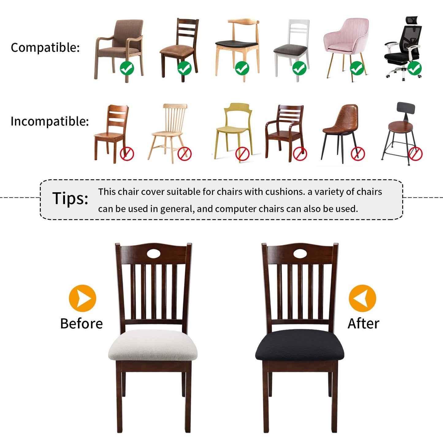 Fuloon Stretch Chair Seat Covers 4 PCS, Removable Washable Dining Chair Covers Anti-Dust Dining Room Seat Cushion Slipcovers (4, Black)
