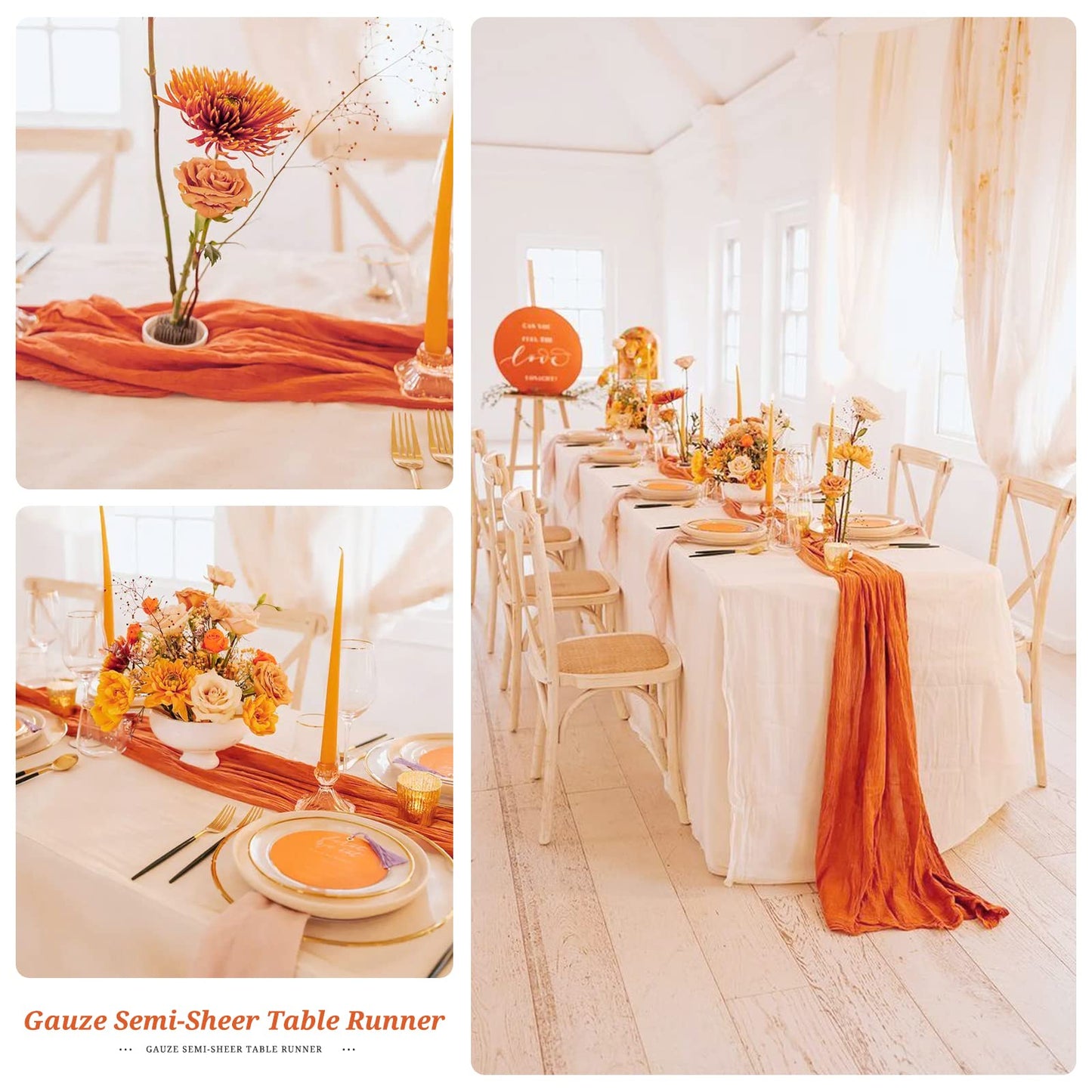 10 Pack Fall Halloween Table Runner 10FT Orange Cheesecloth Table Runner 35 x 120 Inch Long Semi-Sheer Gauze Fabric Boho or Rustic Wedding Table Decor for Bridal Shower Baby Shower Holiday Party