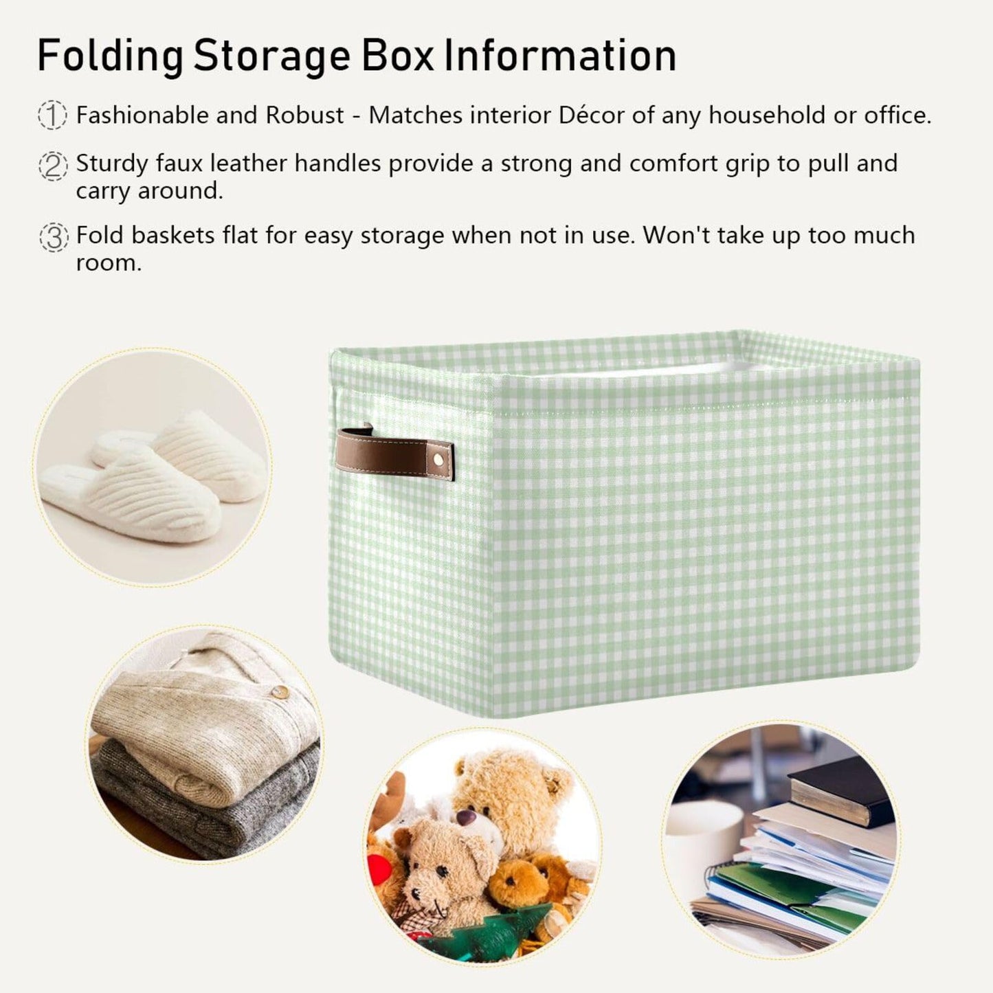 JUZIHAI Green Gingham Checkered Storage Basket, Collapsible Canvas Storage Organizer Bins with Handles for Toys Clothes Closet Shelves Nursery Office, 14.2x10.2x8.3 in