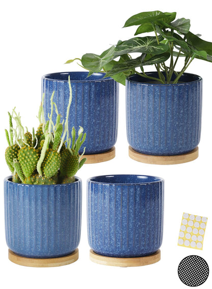 BABALIU 4 Inch Ceramic Plant Pots with Saucer & Drainage Hole, Cylinder Reactive Glaze Blue Vertical Stripes Planters with Trays for Herbs, Cactus, Flower, Small Snake Plants, Succulents, Set of 4