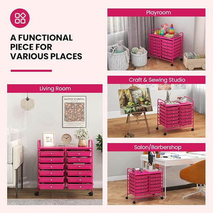 Giantex 12 Drawers Rolling Cart, Mobile Storage Drawer Cart, Classroom Organizer Cart for Office School Supplies Tools Scrapbook Paper Craft Small Printer, Utility Cart on Wheels, Hot Pink