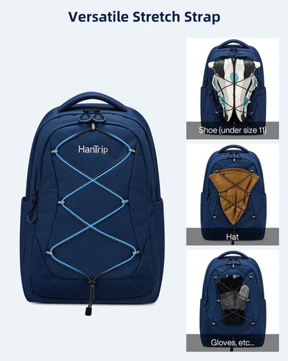 HanTrip Travel Laptop Backpacks for Women Men, Large Work Backpack for Commuter College School Book Bags, Reflective Water Resistant Backpack with Luggage Strap Bottle Pocket Chest Strap, Navy Blue