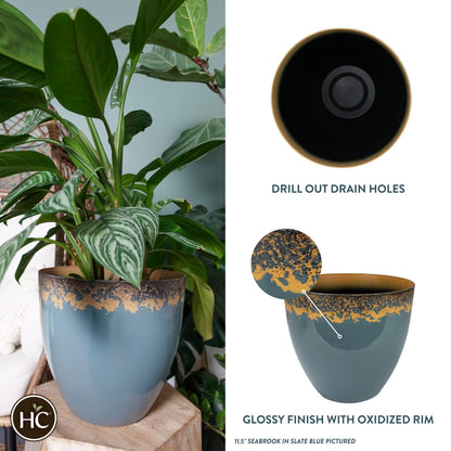 The HC Companies 11.5 Inch Seabrook Decorative Round Planter - Lightweight Premium Resin Plant Pot with a Ceramic Look for Indoor Outdoor Use, Slate Blue