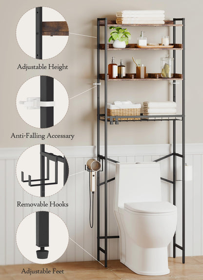 Quikraen 4 Tier Over The Toilet Storage Shelf with 3 Adjustable Shelves, Space Saver Bathroom Organizer with 4 Hooks, Freestanding Above Toilet Rack for Restroom Laundry (Brown)