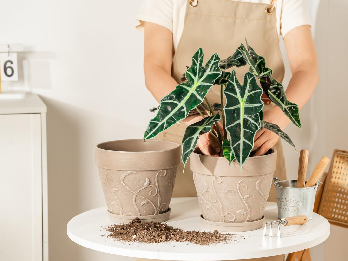 Melphoe Plant Pots Indoor with Drainage & Saucer, 2Pack 8 inch Flower Pots Outdoor Planters for Indoor Plants Garden Home Decor Cactus Succulent, Rigid Plastic (Imitation-Terracotta) Vine-Embossed