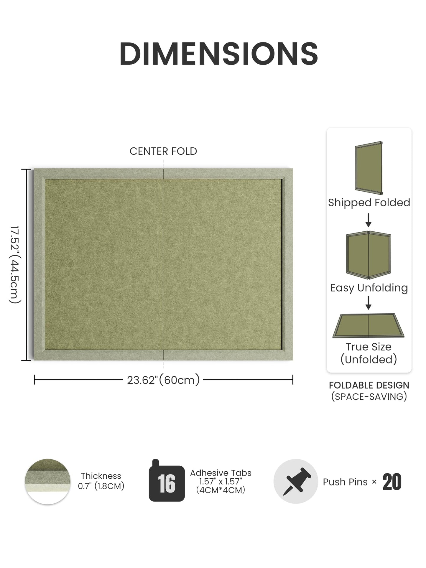 Fluxynara Foldable Cork Board Alternative, Felt Bulletin Board 23.6" x 17.5" Sage Frame with 12 Adhesive Tabs, Pin Board for Home Office, Classroom, Entryway, Kitchen Wall Decor—Olive Green