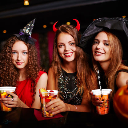 Bokon 100 Sets 12 oz Halloween Cups Witch Theme Clear Plastic Disposable Cups with Lids and Paper Straws Halloween Party Supplies for Party Coffee Beer Beverage Ice Cream Snack Candy