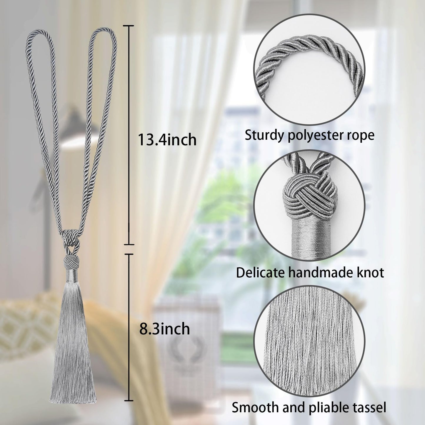 NICEEC 4 Pack Long Tassel Curtain Tiebacks Handmade Braided Rope Knot Drape Tie Backs European Style Decorative Curtain Holdbacks for Home & Office Window Drapery (Grey)