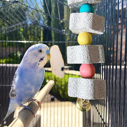 BWESOO Cute Bird Grinding Beak Calcium Stone with Bell Mineral Lava Block Trimming Teeth Chewing Toys for Chinchilla Bunny Parrot Bird Toys