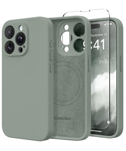 SuydanBox Magnetic for iPhone 15 Pro Max Case, Compatible with MagSafe, [Full Camera Protection][Screen Protector] Silicone Shockproof Protective Phone Case for iPhone 15 Pro Max 6.7", Calke Green