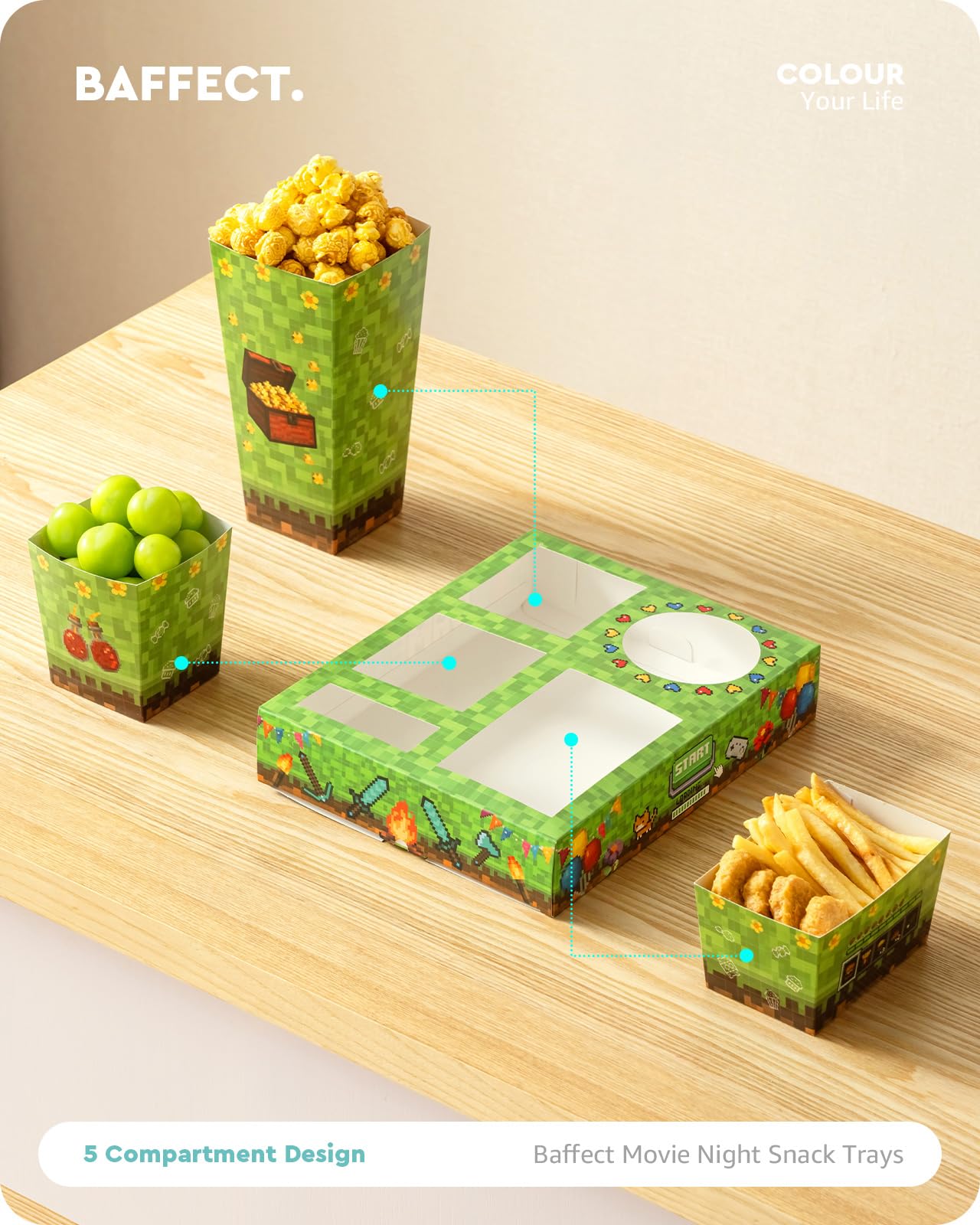Baffect Movie Night Snack Trays 100pcs Include 20 Pixel Party Trays, 20 Popcorn Boxes, 20 Salad Bowls, 20 Nacho Bowls, 20 Movie Party Invitations, Outdoor Movie Night Supplies For Nacho Bar