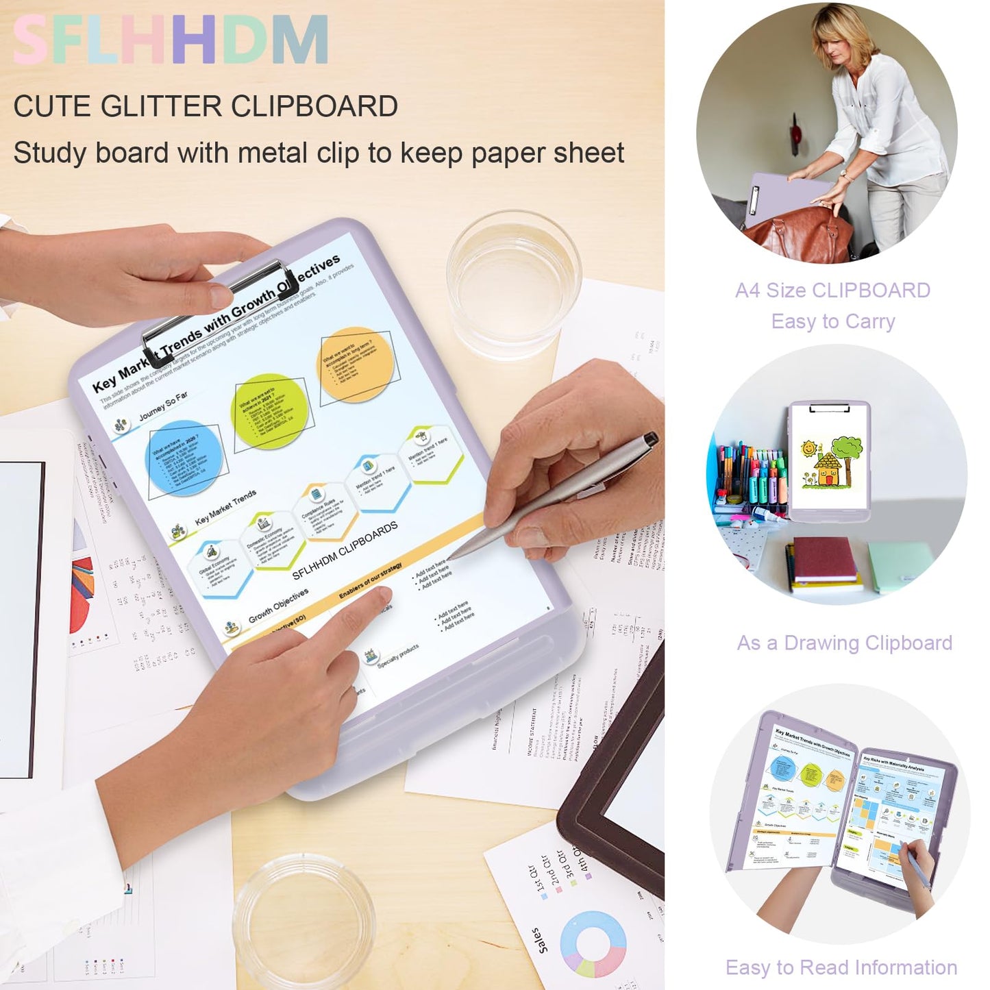 SFLHHDM Clipboard with Storage,Storage Clipboard with Pen Holder, A4 Binder Clip Boards 8.5x11 with Low Profile Clip,Side Opening Nursing Clipboards, Clipboards Folder for Office Supplies-Dusty Purple