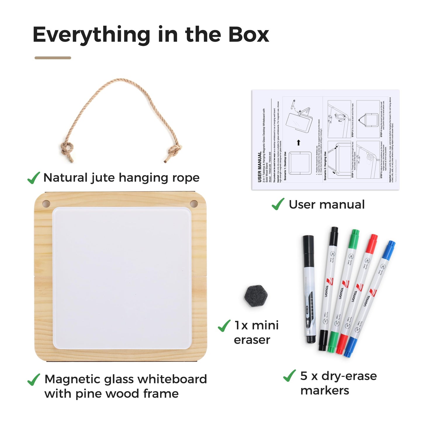 TOWON Glass Desktop Whiteboard with Solid Wood Stand - Foldable Mini Dry Erase Board for Desk - 2-in-1 Tabletop & Hanging Memo Board for Office Decor, Magnetic, White and Square